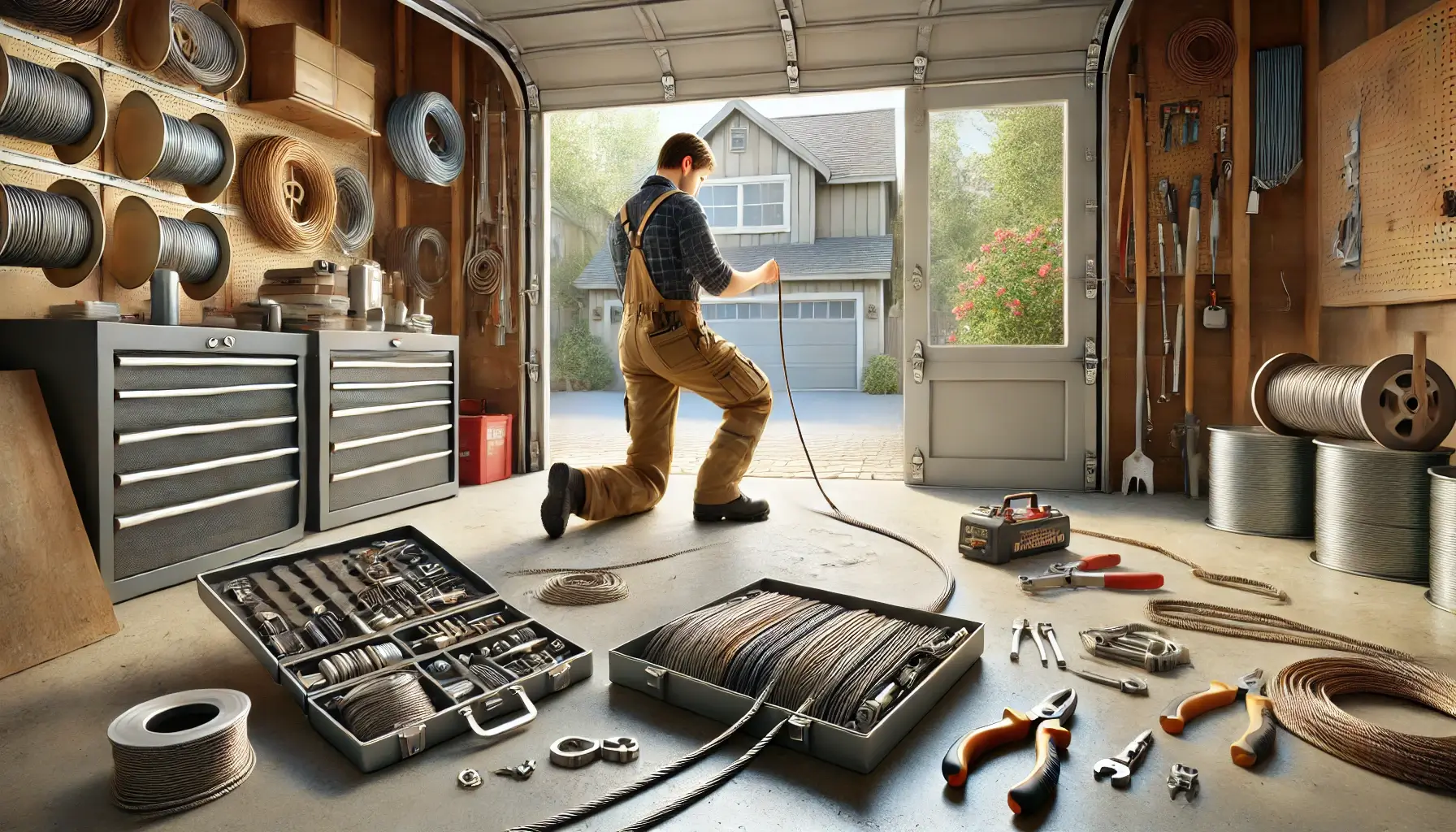 A technician repairing a garage door cable in a clean suburban garage interior, surrounded by high-quality cables, tools, and neatly arranged equipment.