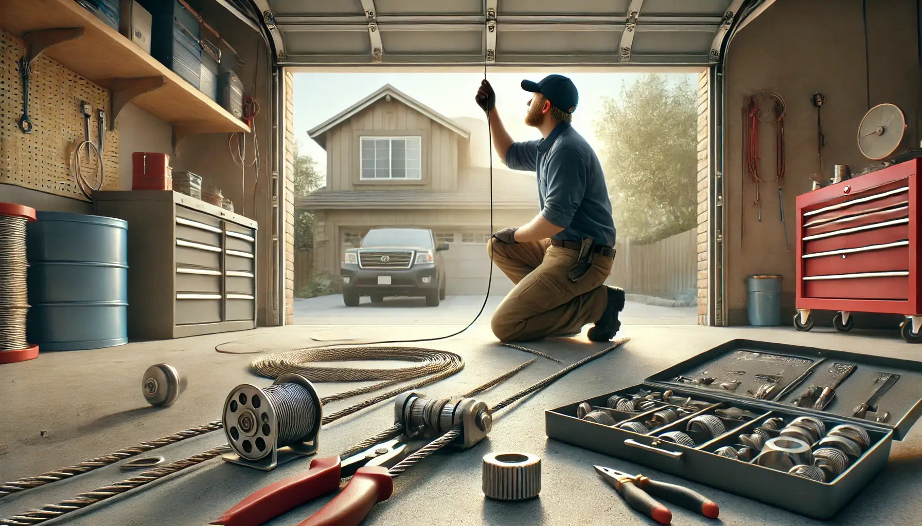   A technician inspecting and maintaining garage door cables in a suburban garage, performing tasks like lubrication, tension adjustment, and inspection for wear and rust.