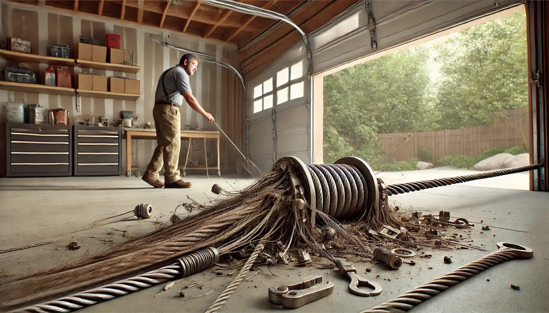 A garage interior showing frayed, rusted, and well-maintained cables, with a technician inspecting them near a garage door mechanism in a suburban setting.