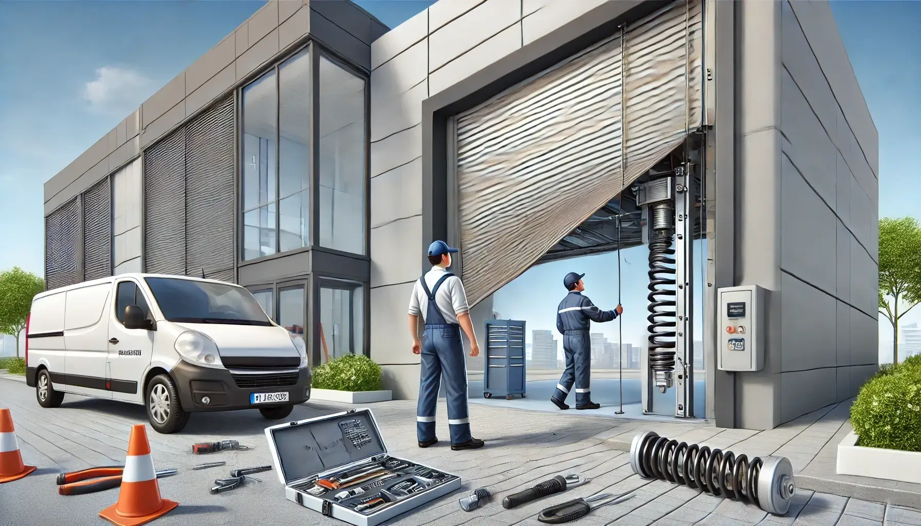 A fully functional commercial garage door at a business facility with a car in the driveway covered by a protective cover. The scene highlights a sturdy, modern door design and a well-maintained building exterior with a clean driveway.