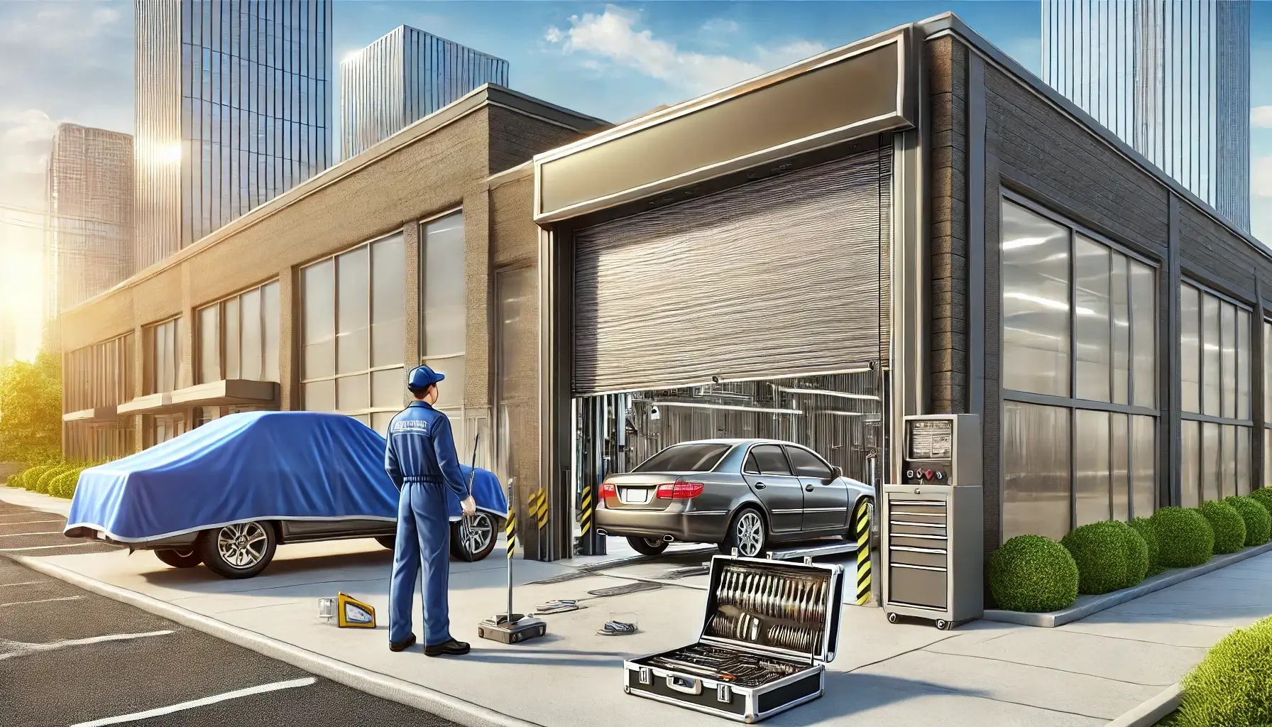 Technician performing maintenance on a commercial garage door with a covered car nearby.