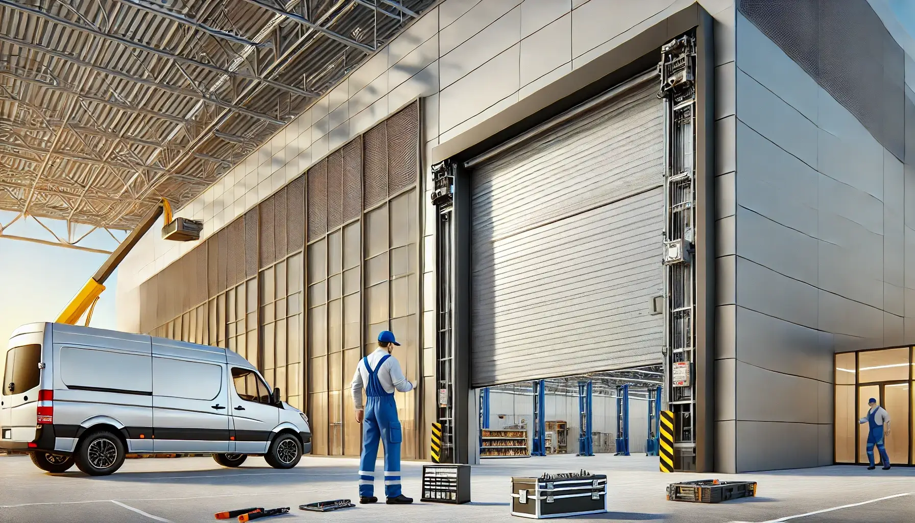 A sleek and newly installed commercial garage door at a business facility, highlighting reinforced panels and energy-efficient design. The exterior of the modern commercial building is clean and functional.