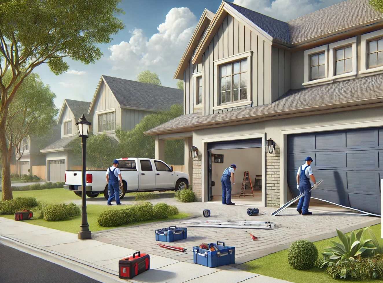 Professional technicians installing a sleek modern garage door at a stylish suburban home with a neatly landscaped yard. A visible signboard reads 'Replacement Garage San Antonio TX,' emphasizing quality service, efficiency, and customer satisfaction on a sunny day.