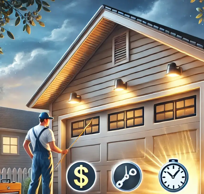 A happy homeowner beside a sleek modern garage door, showcasing affordability, professionalism, and same-day efficiency with icons and inviting lighting.