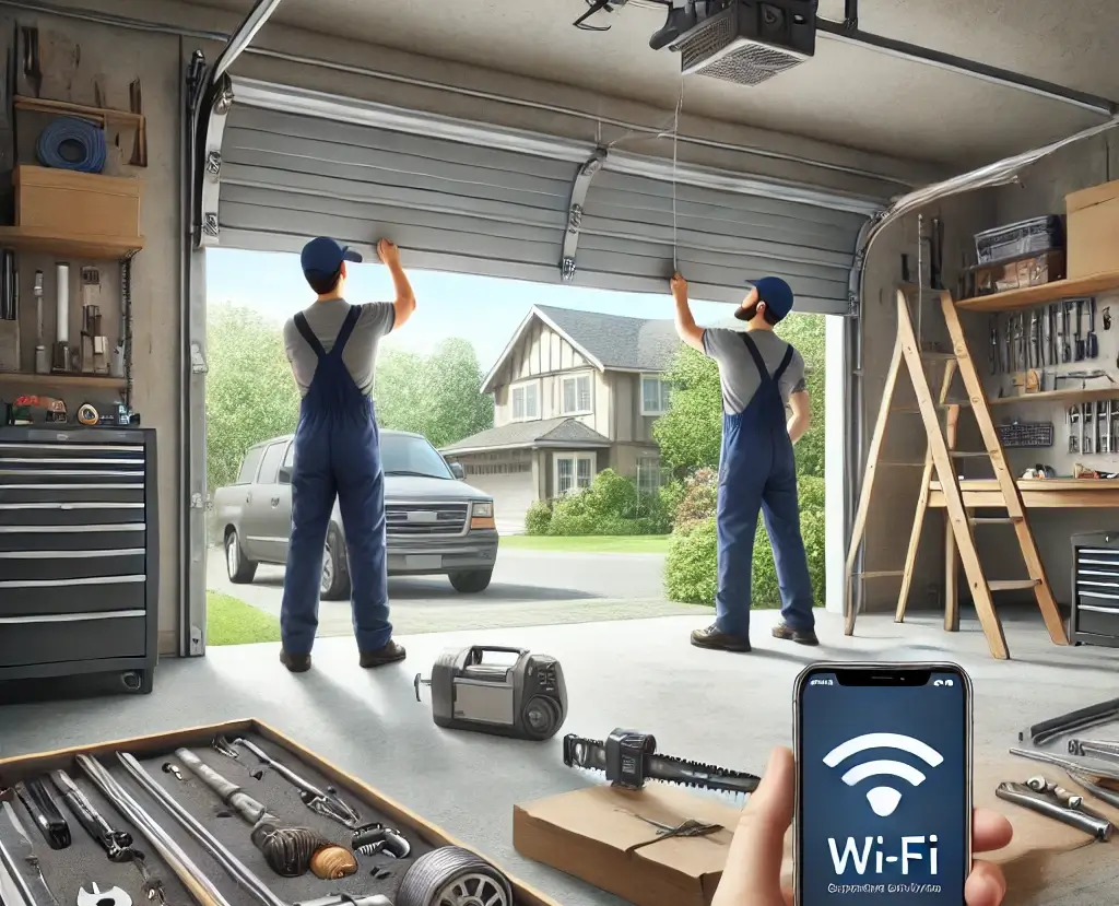 Technicians installing a garage door with precision, featuring aligned tracks, rollers, and a Wi-Fi-enabled opener controlled via smartphone.