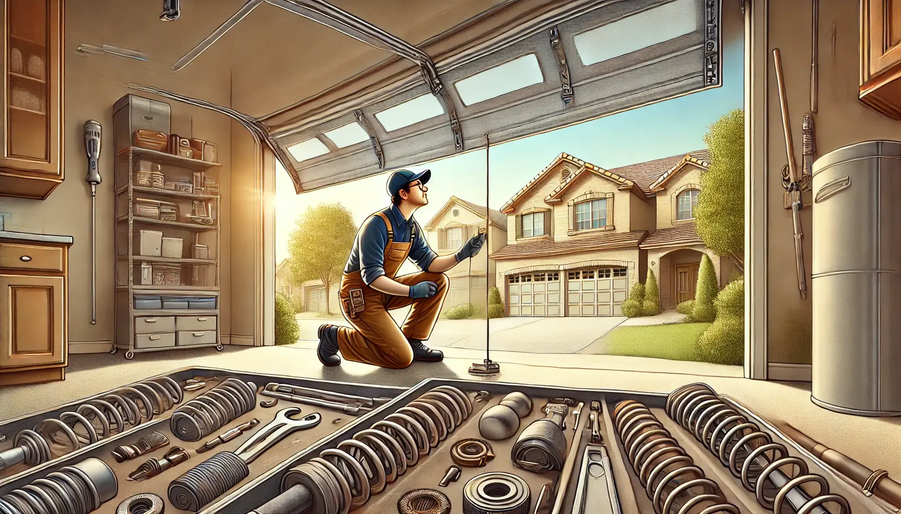 a professional technician inspecting the balance and components of a garage door, including springs, rollers, and tracks, in a suburban setting. 