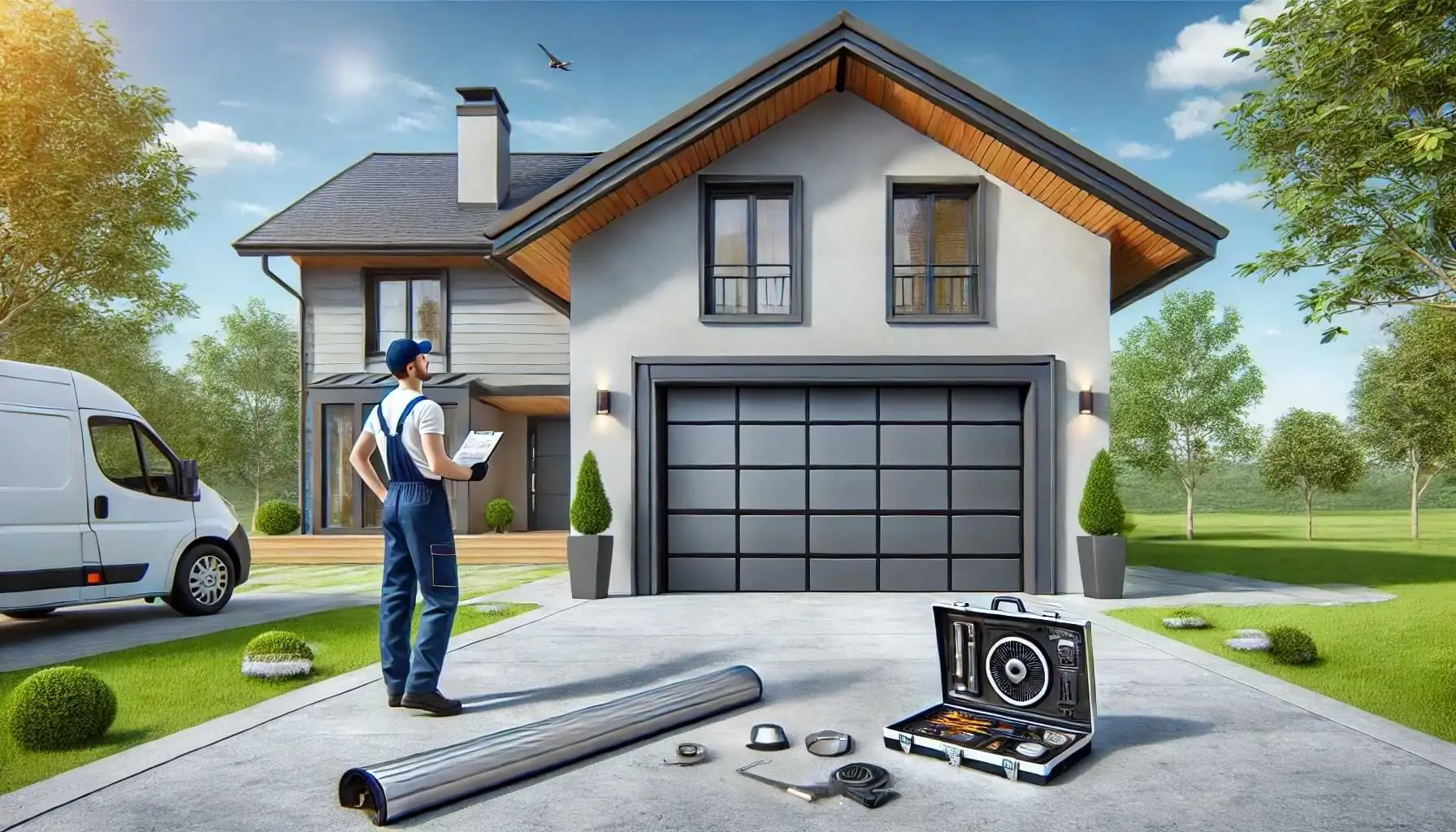 A modern residential garage featuring a newly replaced, sleek, insulated garage door with reinforced panels and a metallic finish, surrounded by a warm-toned house, landscaped greenery, and a sunny clear sky.