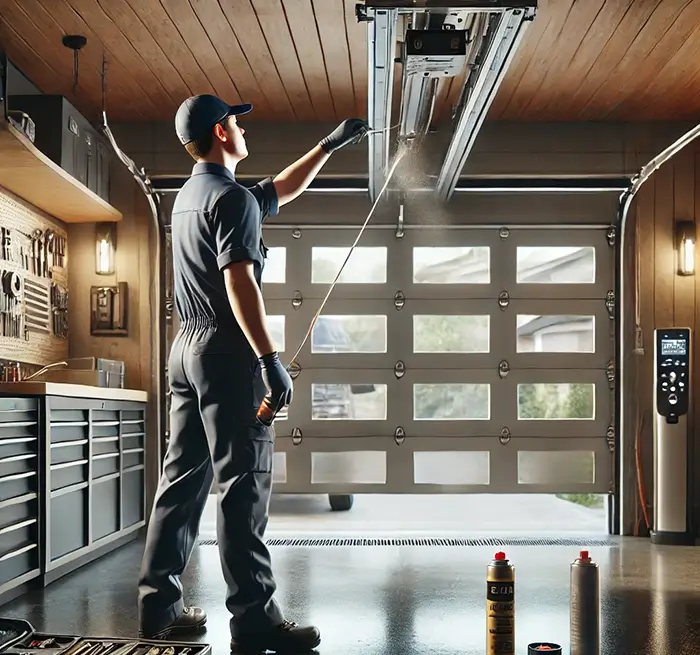 A professional technician in uniform performing preventive maintenance on a garage door opener in a residential garage, using lubricant spray and inspecting moving parts with attention to detail.