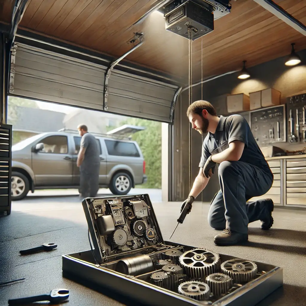A realistic scene of a technician in uniform repairing a modern garage door opener in a well-organized residential garage, using tools and inspecting the motor unit with a diagnostic tool.