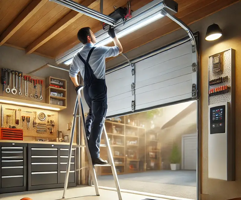 Experienced technician installing a modern garage door opener in a residential garage, showcasing advanced technology and durable components.
