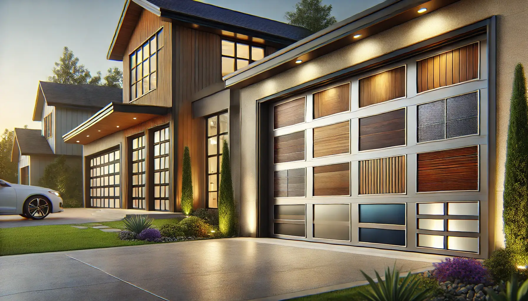   A garage door showcasing a variety of customized panel designs, including wood-grain textures, metallic finishes, and vibrant colors, set against a contemporary suburban home.