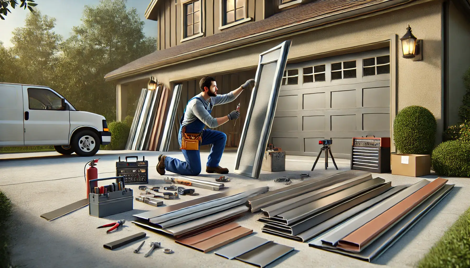 Technician repairing a damaged garage door panel with materials nearby.