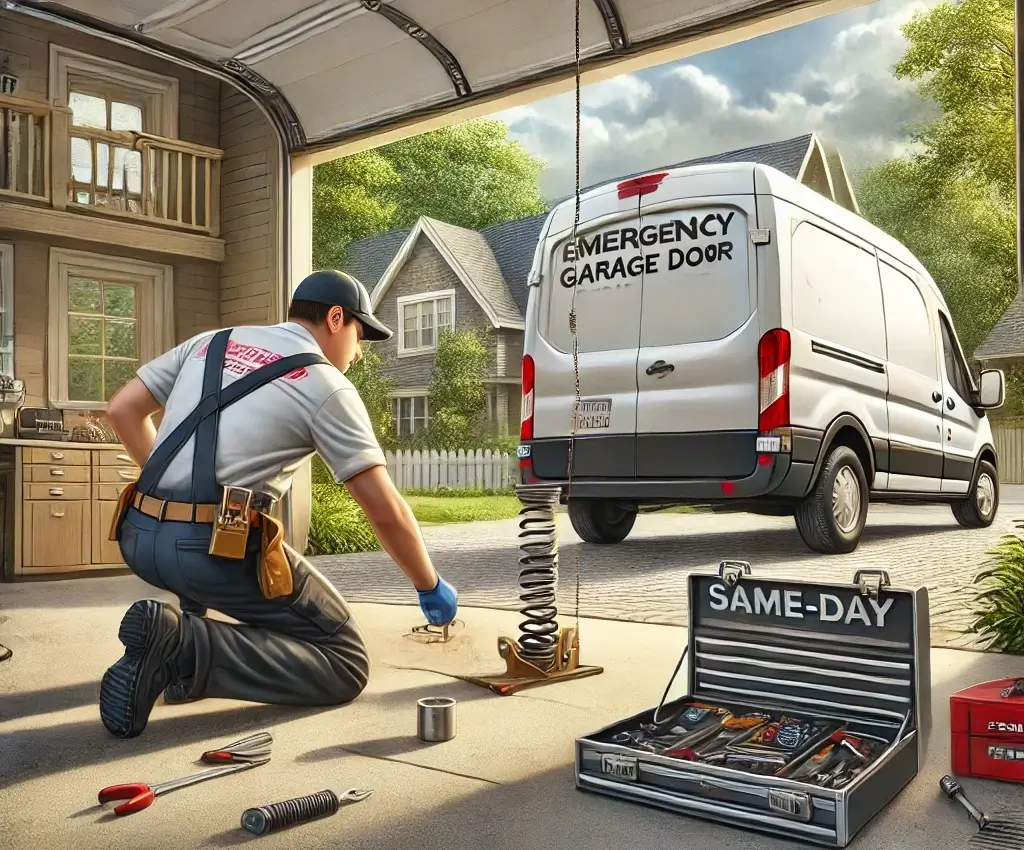  technician repairing a modern garage door in a suburban setting, with a partially open door and visible broken spring. 
