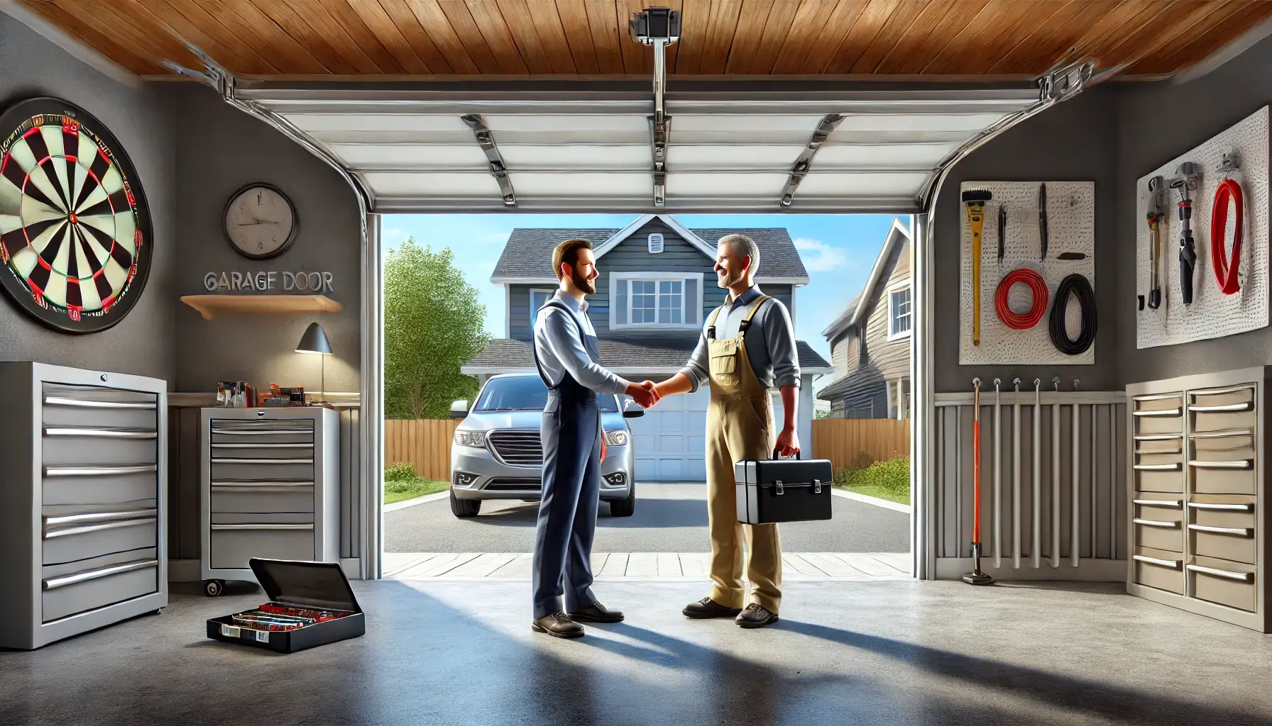 Technicians repairing a garage door's components in a suburban garage.