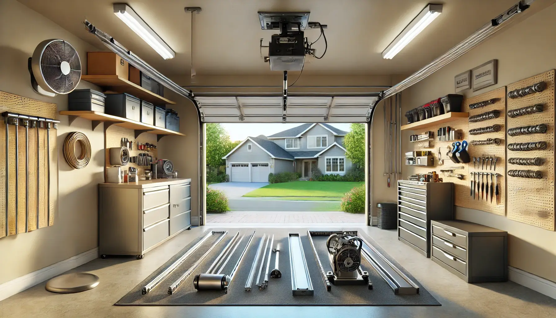 Technicians repairing a belt-drive opener and replacing a broken spring in a clean suburban garage, highlighting professional service and durable components.