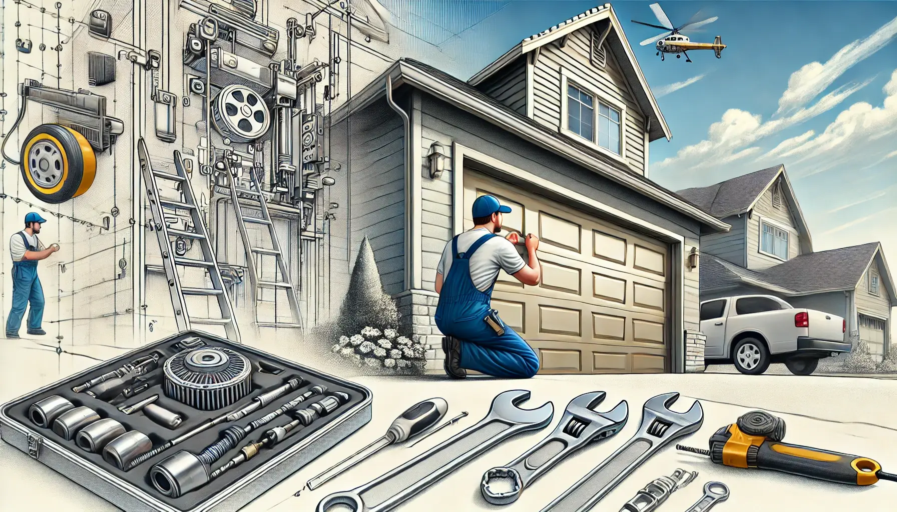 A professional technician repairing a residential garage door, equipped with tools and safety gear, in front of a well-maintained suburban home. 