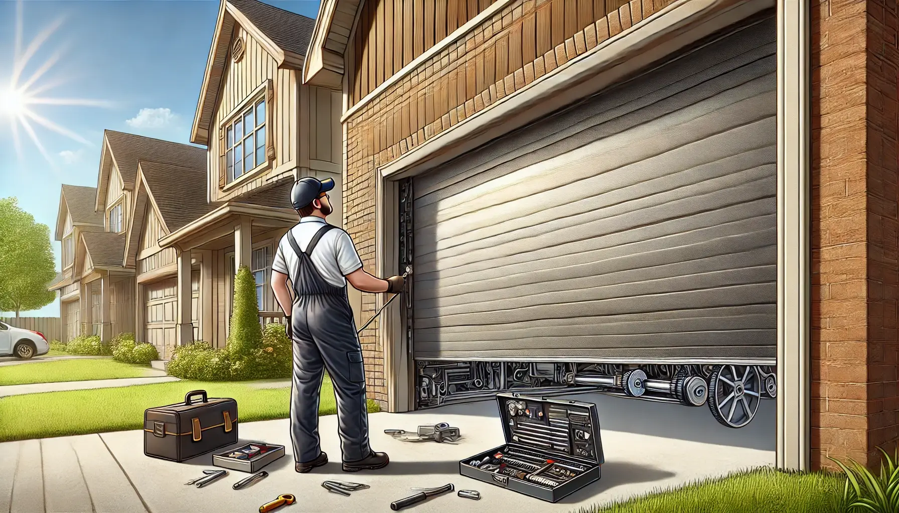 A professional technician performing routine maintenance on a residential garage door