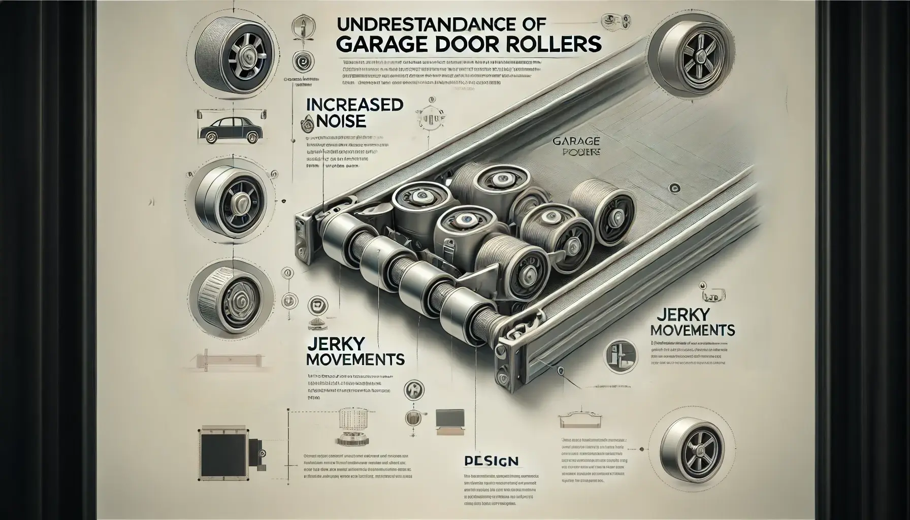 Close-up view of a polished garage door roller mechanism on a track, highlighted with bright and balanced lighting. The background features a soft gradient for a clean and professional appearance.