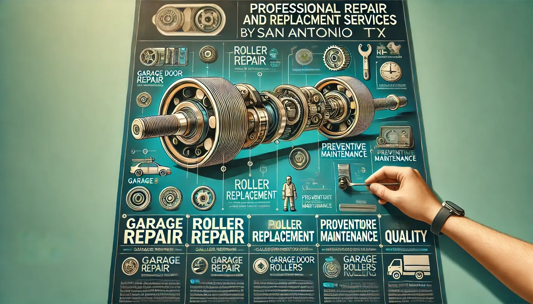 Professional infographic on garage door roller repair, replacement, and maintenance services in San Antonio TX