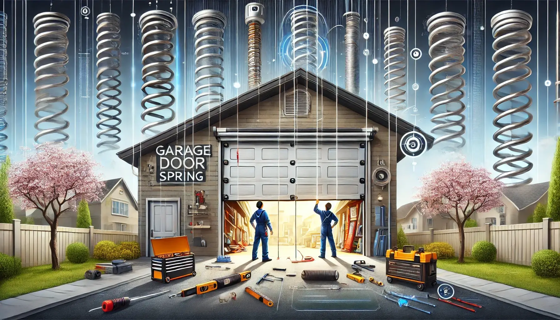 Illustration focusing on torsion and extension springs of a garage door, with safety tools nearby in a modern residential setting, showcasing durability and efficiency.