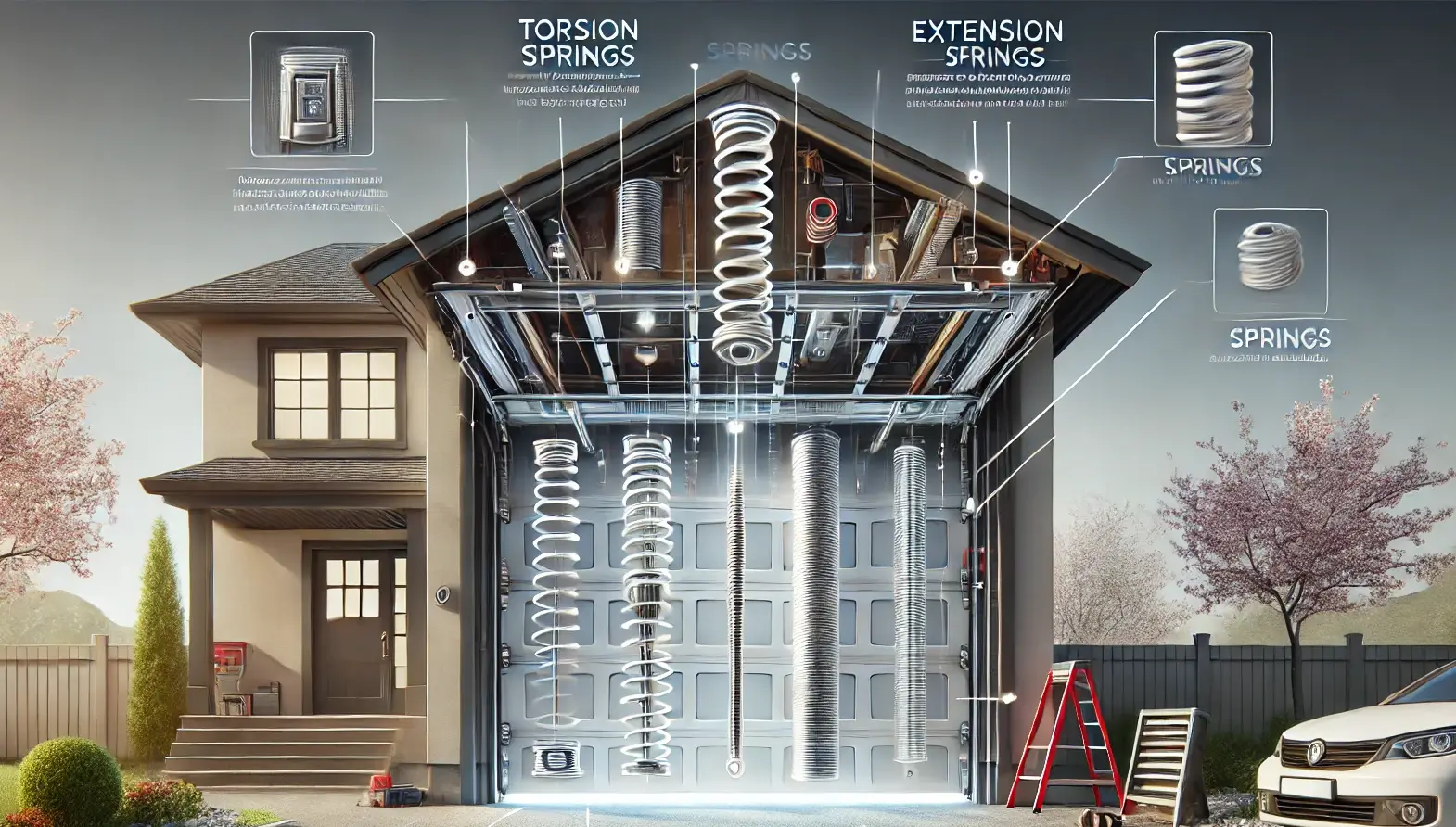 Illustration showcasing the functionality of garage door springs, featuring labeled torsion and extension springs on a semi-transparent garage door with a modern residential backdrop.
