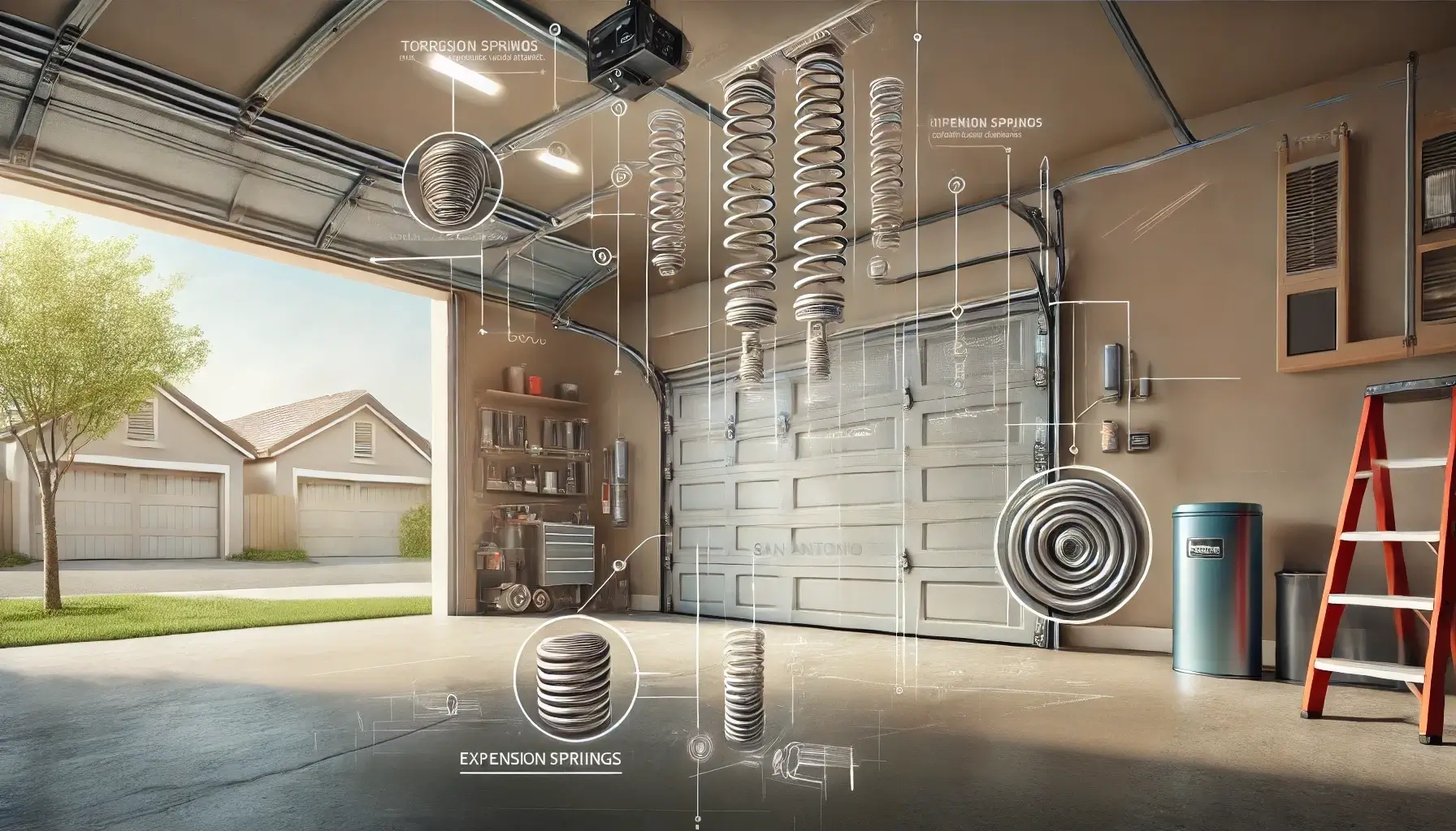  A clear and detailed illustration of torsion and extension springs on a garage door in a simple, distraction-free residential garage setting.