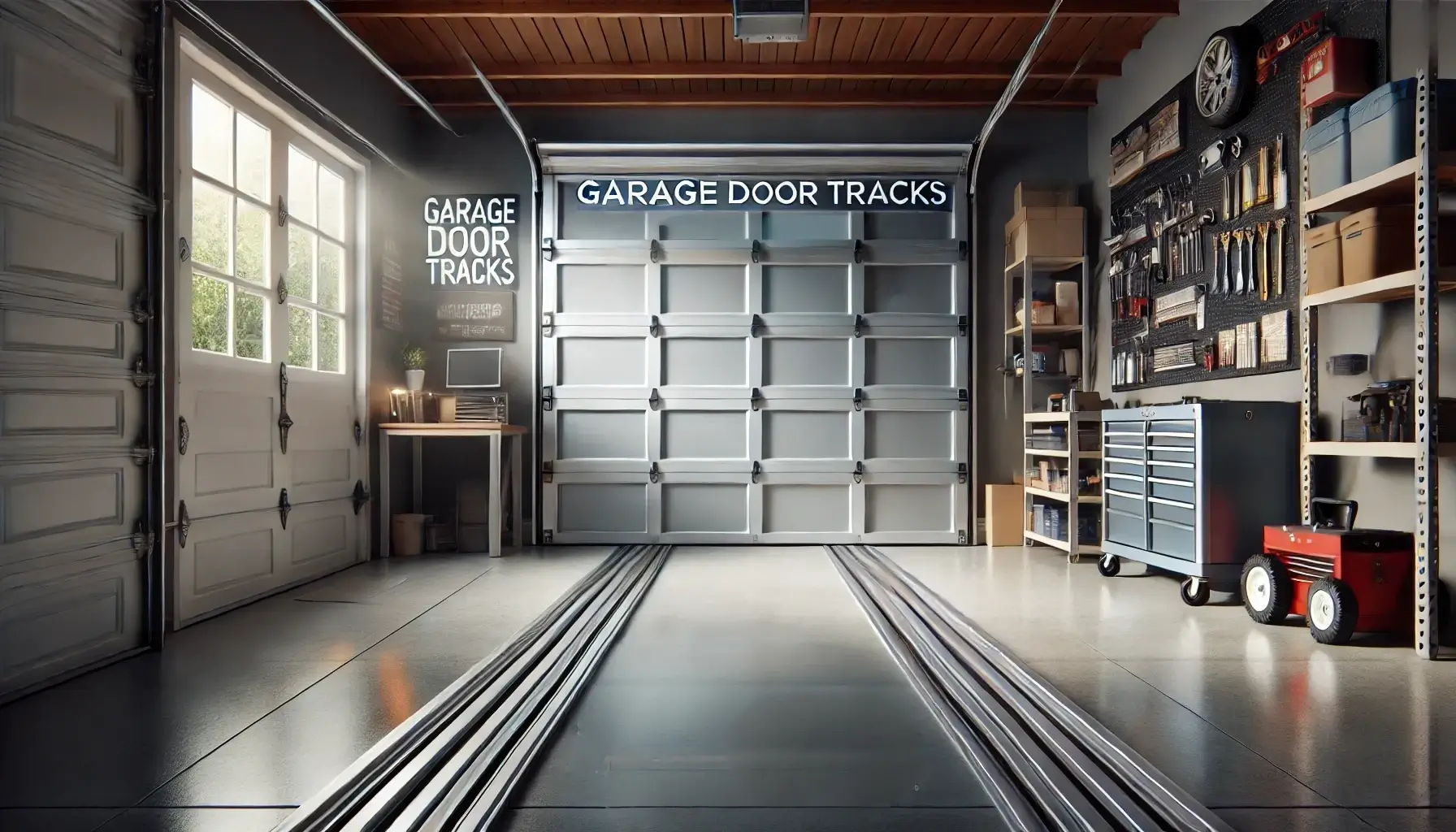 A modern and minimalistic residential garage with polished metal garage door tracks and a clean, organized interior illuminated by soft ambient lighting.