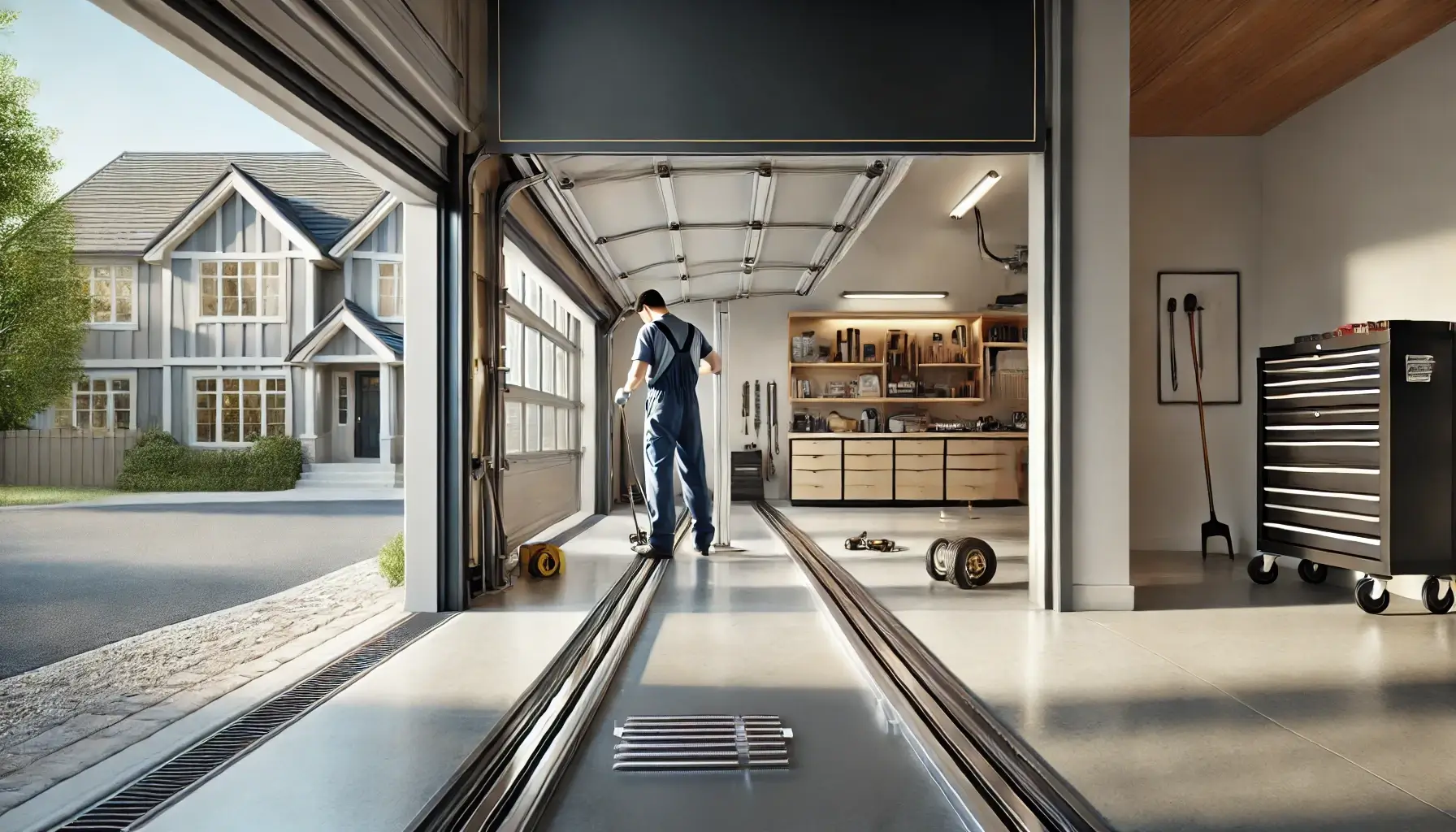 A clean and organized residential garage showcasing polished metal garage door tracks, illuminated by soft ambient lighting.